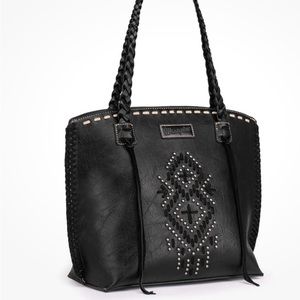 Wrangler Tribal Purse Whip Stitch Braided Strap Tote Bag. Black
